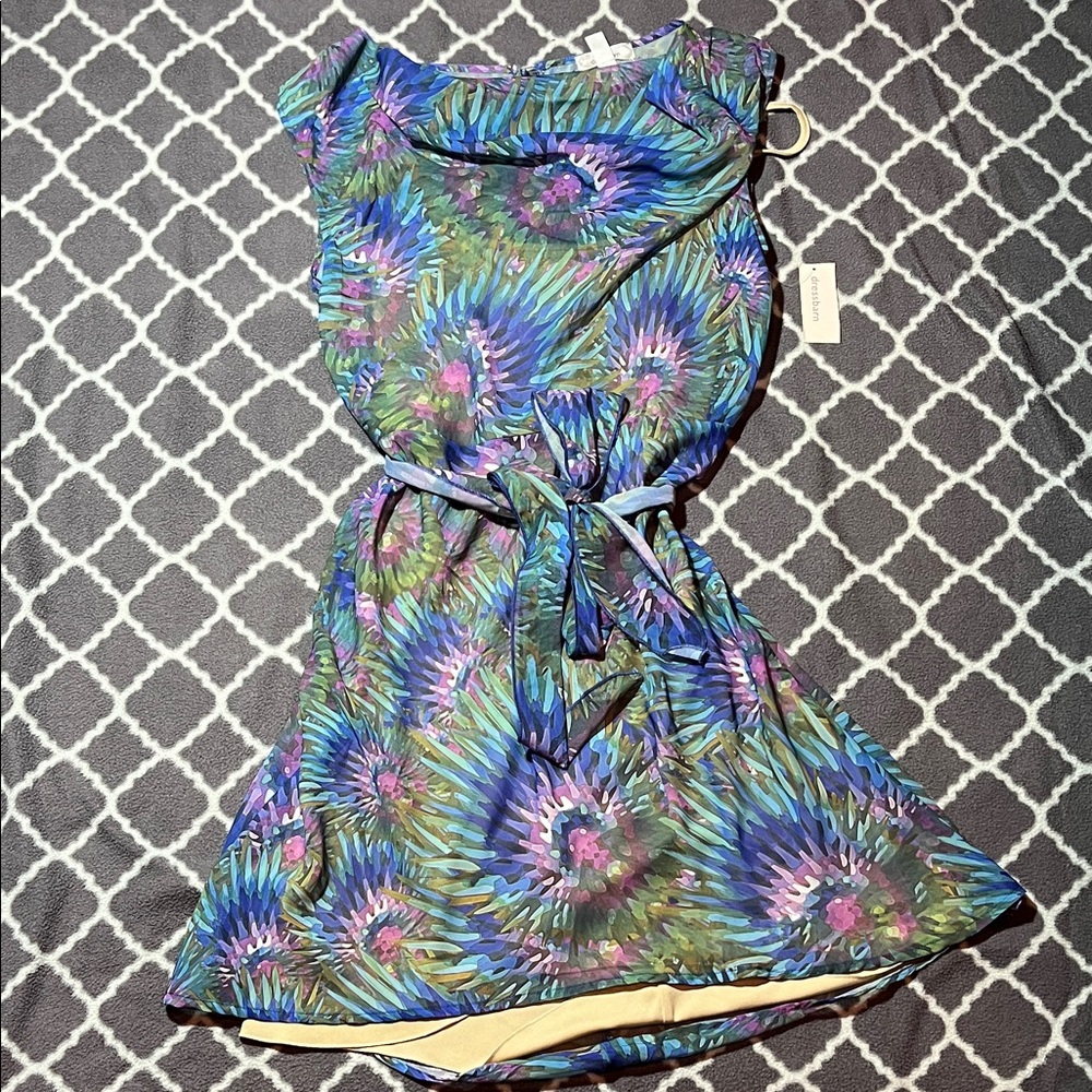 NWT Dressbarn Shift Dress W/ Nude Underdress - Size 6 - Multicolor Burst Pattern